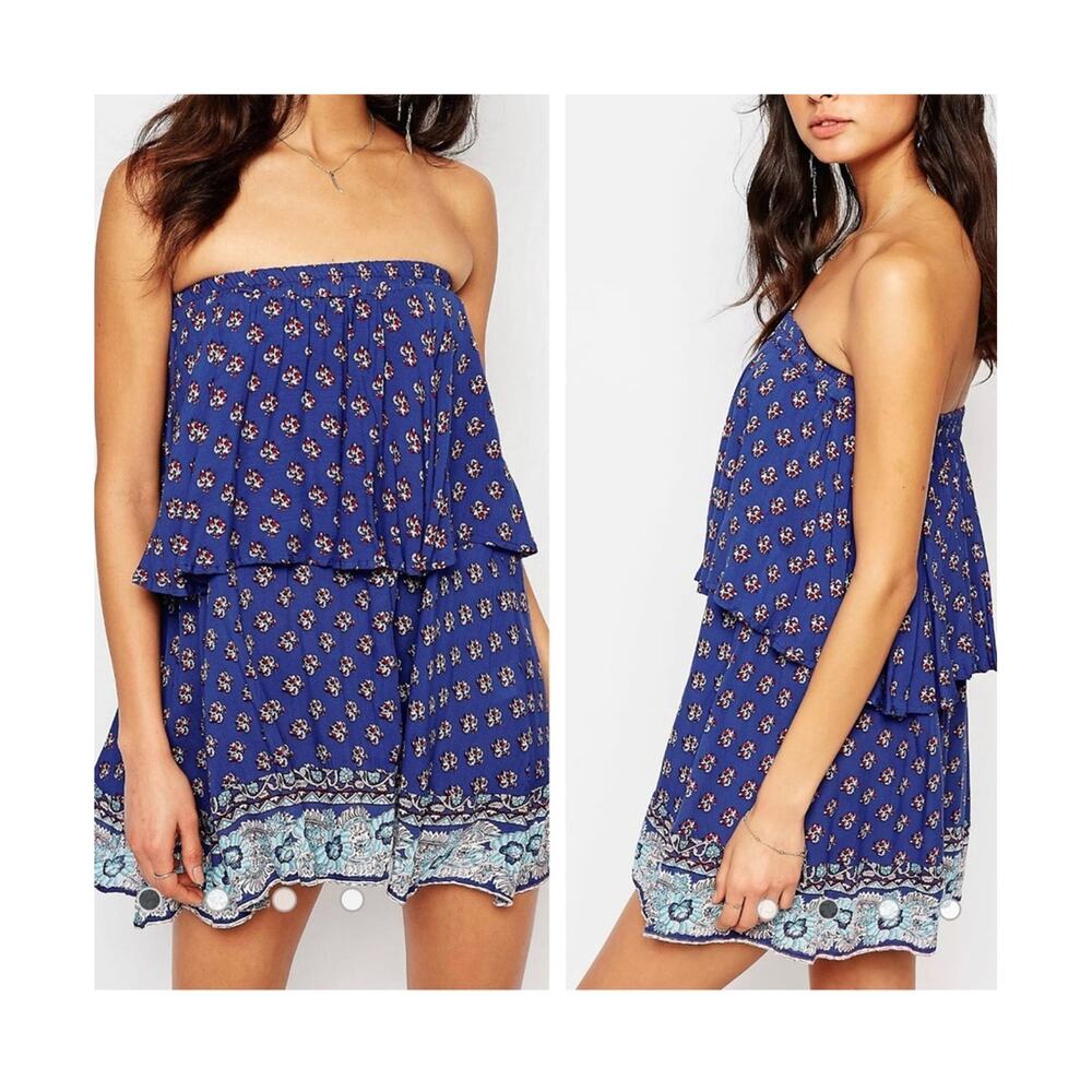 Faithfull the Brand Mini Dress Strapless Blue Floral Ruffle Floral size Small